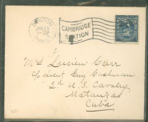 US 281 5c Grant (First Bureau) franking a 1901 cover sent from Cambridge, MA to the second cavalry in Matanza, Cuba