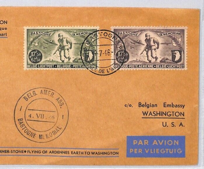 BELGIUM Air Mail BASTOGNE MEMORIAL SPECIAL FLIGHT (WW2) Brussels USA 1946 ZD276