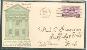 US 782 1936 3c Arkansas Statehood Centennial (single) on an addressed FDC with a cachet by an unknown publisher