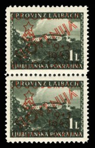 Slovenia #Mi. 7b Cat€40, 1945 1L dark green, red overprint, vertical pair, ...