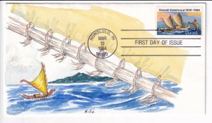 1984 Hawaii Statehood Mille Hand-Painted FDC, Honolulu, HI (F32471)