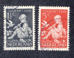 Netherlands 1938 1 1/2c + 1 1/2c and 5c + 3c, Scott B108, B111 used, value = 50c
