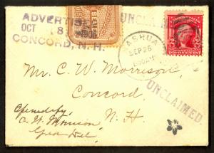 USA 1906 NASHUA to CONCORD NH 2c Cover w PO SEAL OX11 UNCLAIMED & ADVERTISED