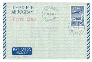 Finland to USA Aerogramme 20mk Postage FDC First Day Issue 1951 Europe