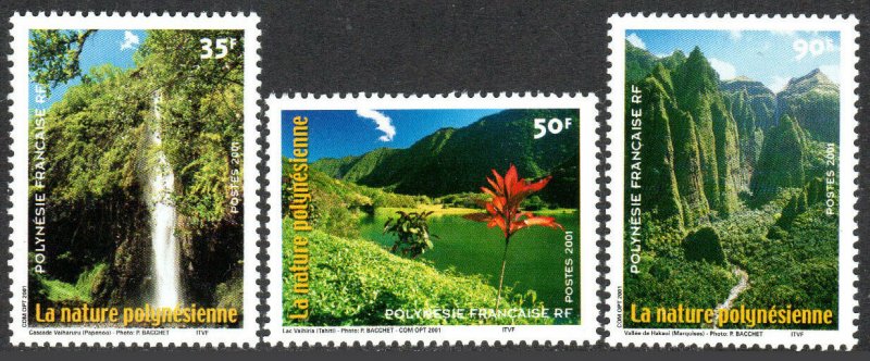 French Polynesia 794-796, MNH. Landscapes: Waterfall, Lake, Hakaui Valley, 2001