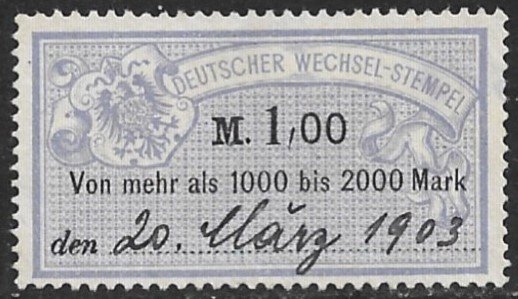 GERMANY 1901 1,00 Without Year 18 Bill of Exchange Revenue Erler No. AJ124 VFU