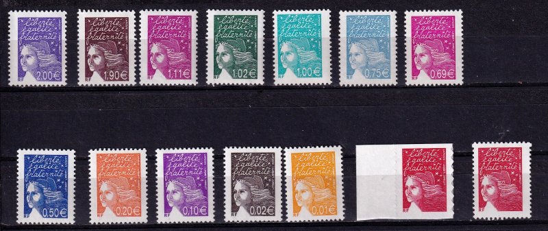 France 2002 - Definitive. Marianne (Euro Denominations) Group of 14 Stamps MNH