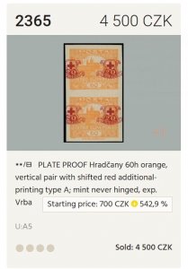 1920 Czechoslovakia  60+20 Haleru Hradčany Red Cross Charity Ovp't. Trial Proof