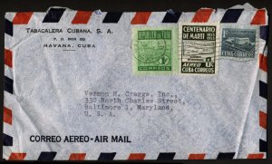 Cuba Commercial Air Mail Cover: Havana to Baltimore USA, 1953