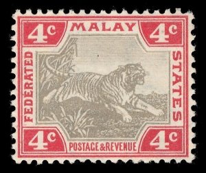 Malaya Federated States 1904 'Tiger' 4c grey-brown & scarlet superb MNH. SG 36b.