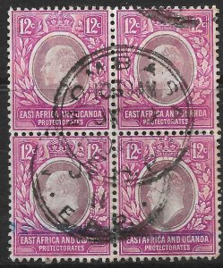 KENYA, UGANDA & TANGANYIKA SG38 1907 12c DULL & BRIGHT PURPLE BLK OF 4 USED