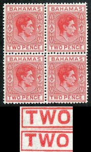 Bahamas SG152b 2d Scarlet WO misshapen in a U/M Block of Four