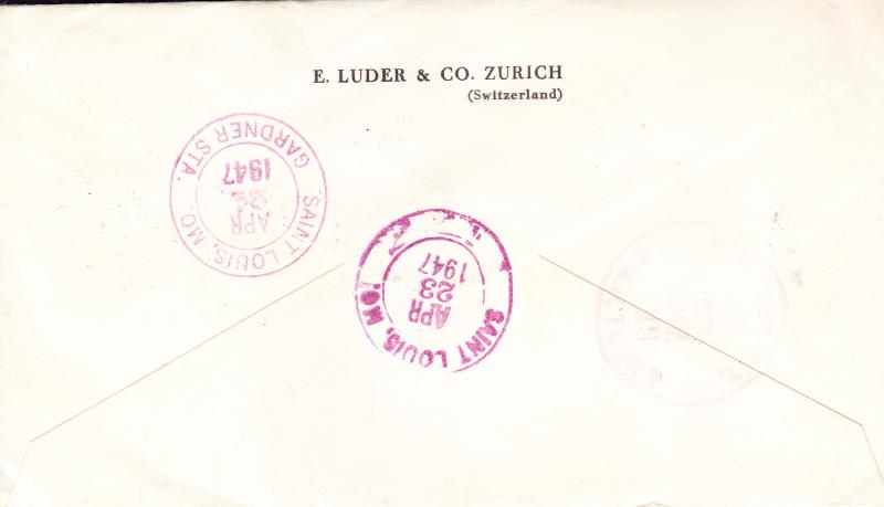 Switzerland 1947 Airmail REGISTERED  Cover to St. Louis, Mo.