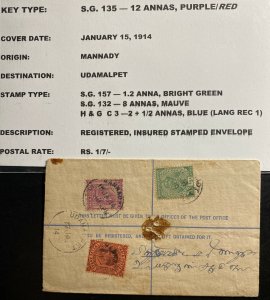 1914 Madras India Registered Postal Stationery Cover To Udamalpet SG#135