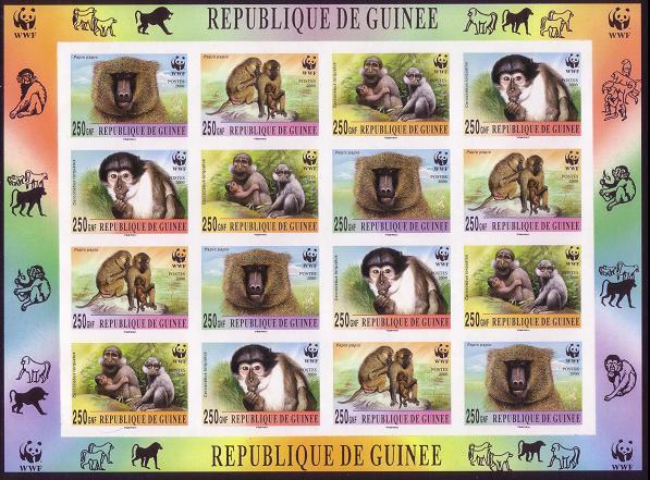 Guinea WWF Mangabey and Baboon Imperforated Sheetlet of 4 sets