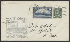 1939 Vancouver to Lethbridge Flight Cover MAR 1 #202 UPU Franking #3903ak