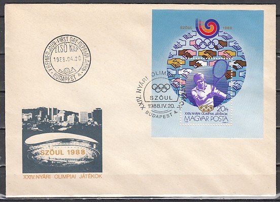 Hungary, Scott cat. 3127. Seoul Olympics s/sheet. Tennis. First day cover.