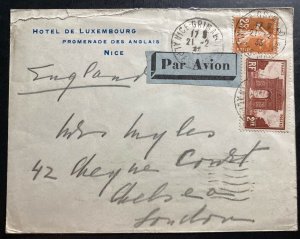 1933 Nice France Hotel Luxembourg Airmail cover To London England