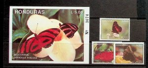 HONDURAS Sc 370-73 NH SET+SOUVENIR SHEET OF 1992 - BUTTERFLIES