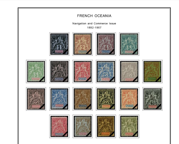 COLOR PRINTED FRENCH OCEANIA 1892-1956 STAMP ALBUM PAGES (27 illustrated pages)