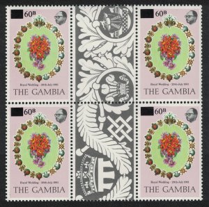 Gambia Royal Wedding surch '60B' Gutter Block 1982 MNH SG#467