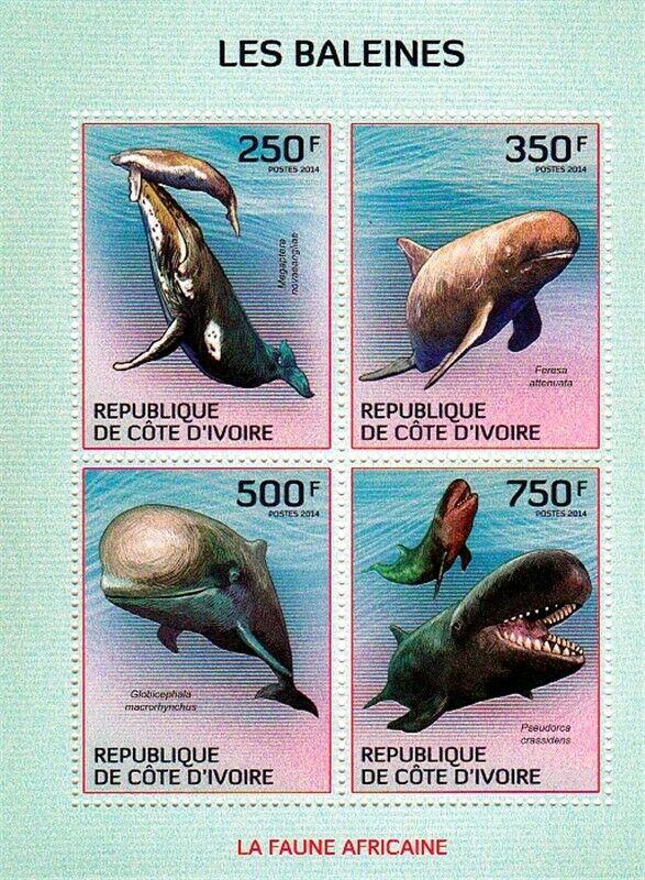 Ivory Coast - 2014 Whales on Stamps - 4 Stamp Sheet - 9A-312