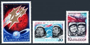 Russia 4255-4257, MNH. Mi 4294-4296. Space station Mars 4-7, Soyuz 14, 15. 1974.