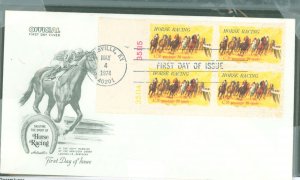 US 1528 1974 10c Horse Racing plate # block of 4 stamps on FDC, Artmaster cachet