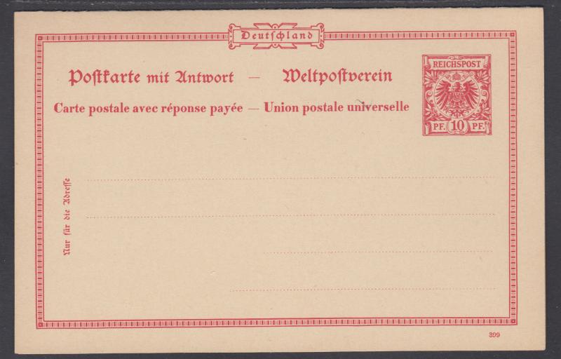 Germany Mi P39 mint 1898 10pf + 10pf  Postal Reply Double Card, VF