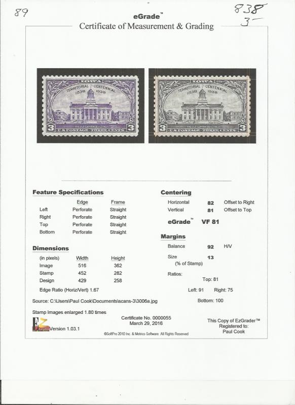 # 838 MINT NEVER HINGED IOWA TERRITORY CENTENNIAL VF+