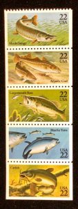 2205 Fish-Largemouth Bass, Catfish  1 pane of 5   MNH 22 c  FV $1.10  1986