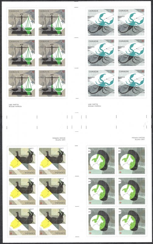 Canada #2456b P Signs of the Zodiac (2012). Gutter pane of 24. 4 designs. MNH