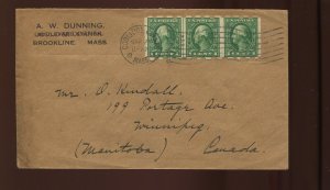 408 DUNNING PRIVATE PERF Coil Line Strip of 3 Stamps on 1919 Cover to Canada