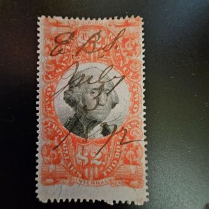 R145c  Revenue $2 pen cancel July 3 1872 VF stamp in good condition CSV 55.00