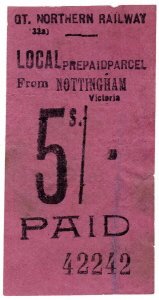 (I.B) Great Northern Railway : Local Prepaid Parcel 5/- (Nottingham)