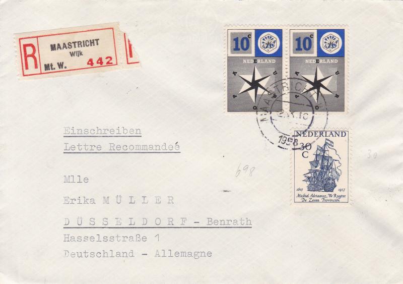 Netherland 1958 10c Europa on Registered Cover to West Germany Colorful Usage VF