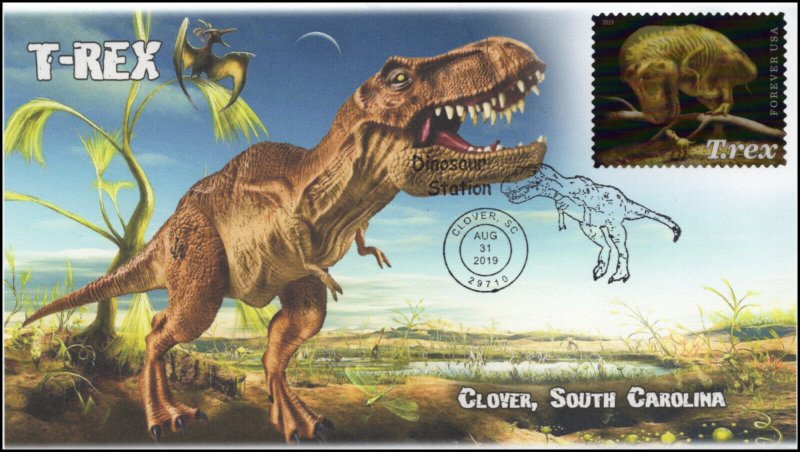 19-335, 2019, T-Rex, Pictorial Postmark, Event, Clover SC, Tyrannosaurus Rex