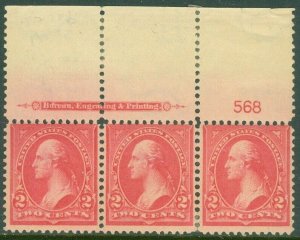 EDW1949SELL : USA 1897 Sc #279Bg PL# Strip of 3 Pink Average-Fine, MOG. Cat $275