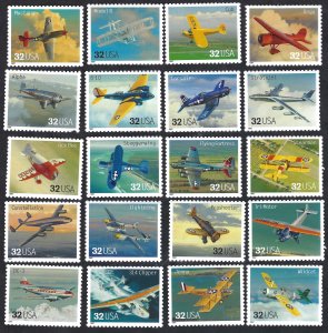 United States #3142a-t 32¢ Classic American Aircraft (1997). Twenty singles. MNH