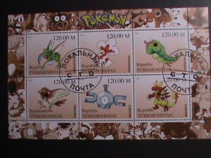 TURKMENISTAN -2000 LOVELY FAMPOUS POKEMON CTO FANCY POSTAL CANCEL S/S VF