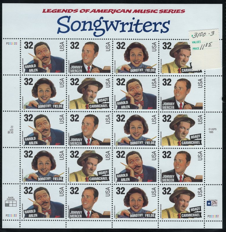 US Scott 3103a Full Sheet! Songwriters! MNH!