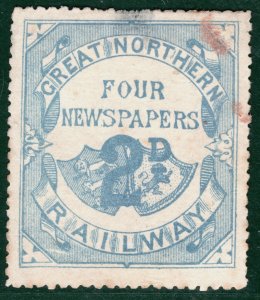 GB GNR RAILWAY Large Format Stamp *FOUR NEWSPAPERS* 2d GREAT NORTHERN Used YOW19