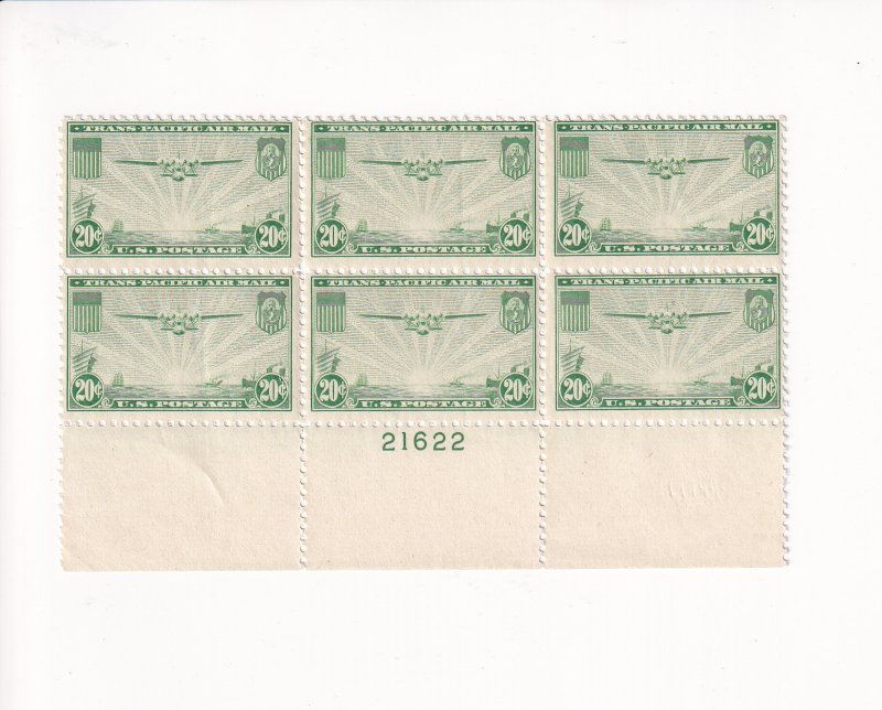 U.S.: Sc #C21, 20c Trans-Pacific, MNH, Blk/6 w/plt. #, Cat. $85 (F31332)