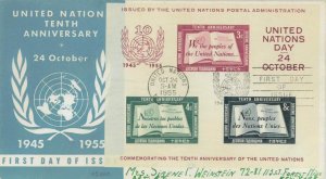 P0405 - UNITED NATIONS -  Postal History - Souvenir Sheet #1 on FDC COVER 1955