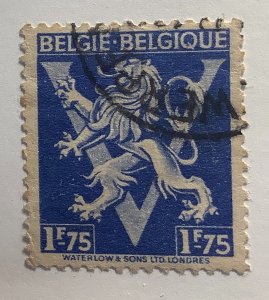 Belgium 1944 Scott 347 used - 1.75 Fr,  Heraldic Lion with 'V'