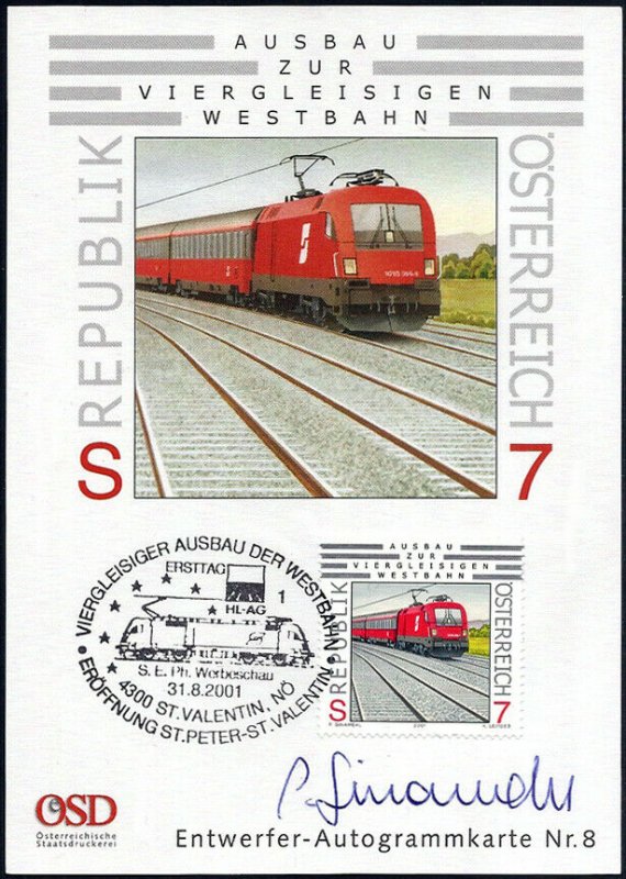 2001 Austria Railways, Westbahn, Artist signed FDC Maxi Card! Beautiful!