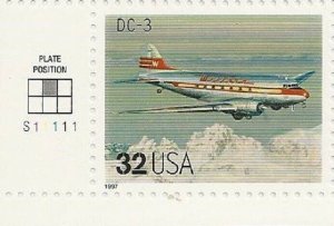 US 3142q Classic American Aircraft DC-3 32c plate single LL S11111 MNH 1997