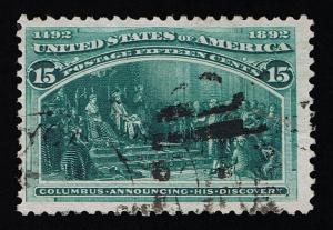 GENUINE SCOTT #238 USED 15¢ GREEN COLUMBIAN ISSUE NEW YORK DUPLEX & CDS CANCELS