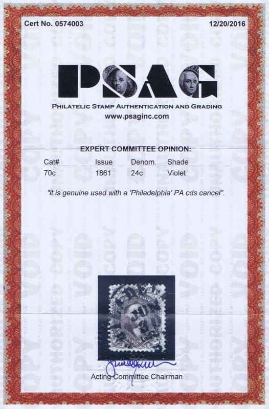 SC# 70c USED 24 CENT, 1861, PHILADELPHIA PA CDS CANCEL, 2016 PSAG CERT, WOW!   
