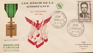 P) 1958 FRANCE, FDC, LIBERATION MEDAL CAVAILLES, HEROES RESISTANCE STAMP, XF